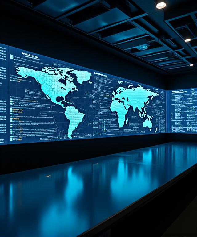 High-tech logistics monitoring center with digital global map