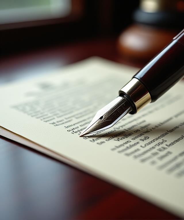 Close up of a legal document with a high-end fountain pen on a mahogany desk